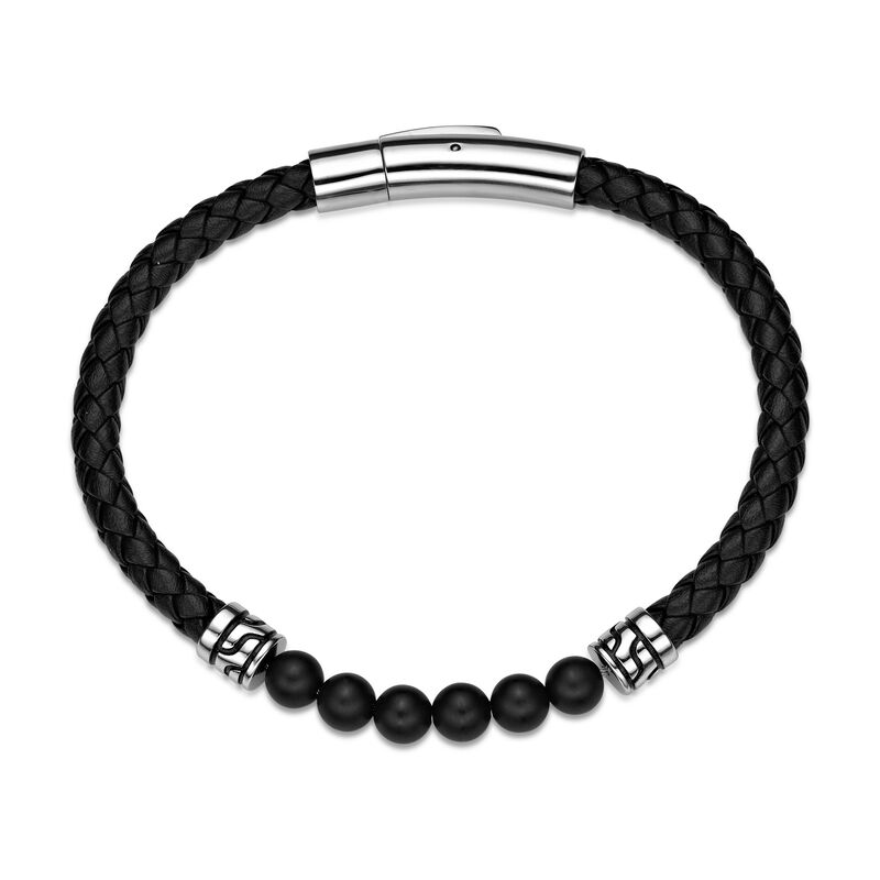 Black Agate & Leather Bracelet in Stainless Steel image number null