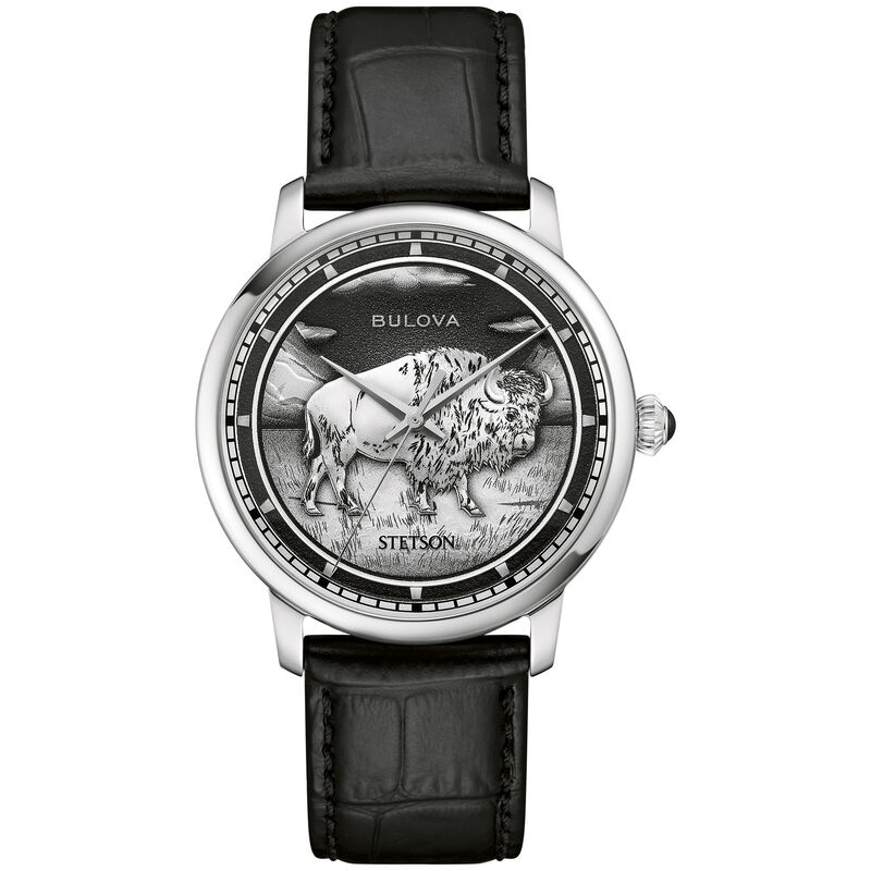 Bulova Stetson Bison Automatic Black Dial Leather Strap Watch 96A333 image number null