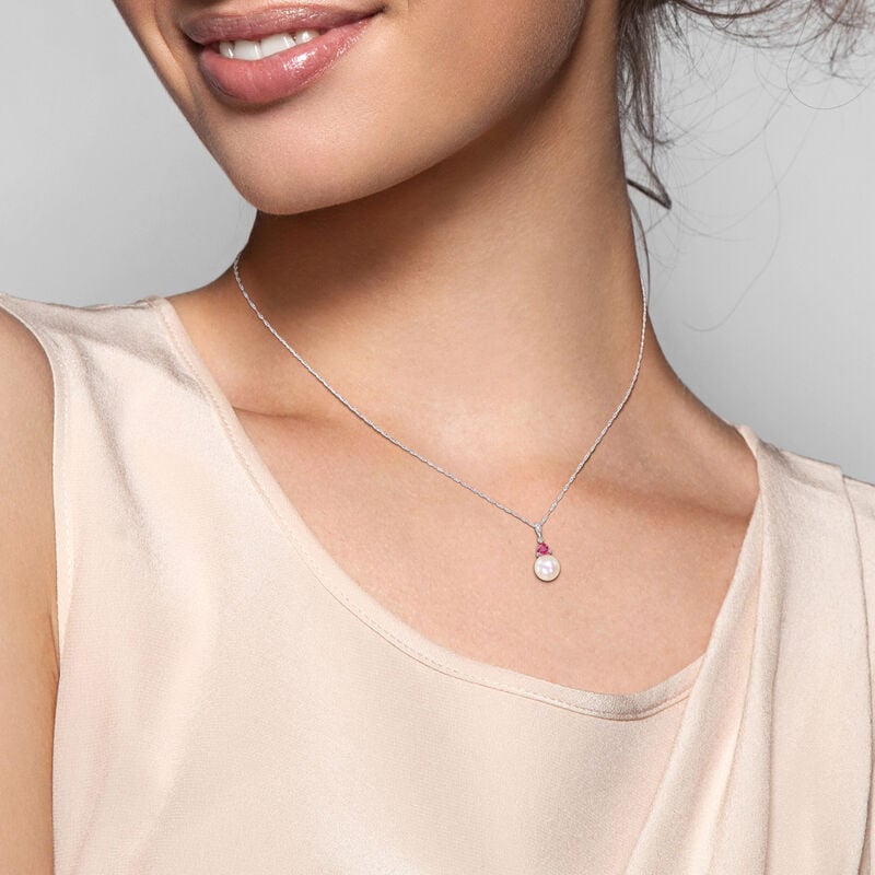 Created Ruby & Freshwater Cultured Pearl Necklace in 10k White Gold image number null