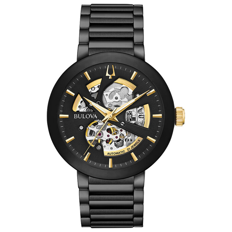 Bulova Men's Modern Automatic Black Stainless Steel Skeleton Watch 98A203