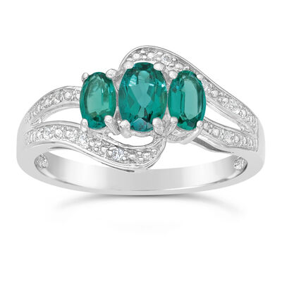 Triple Oval Created Emerald and Created White Sapphire Ring in Sterling Silver 