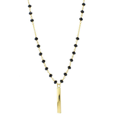 Black Spinel Gemstone Gold Bar Fashion Lariat Necklace in 14k Yellow Gold