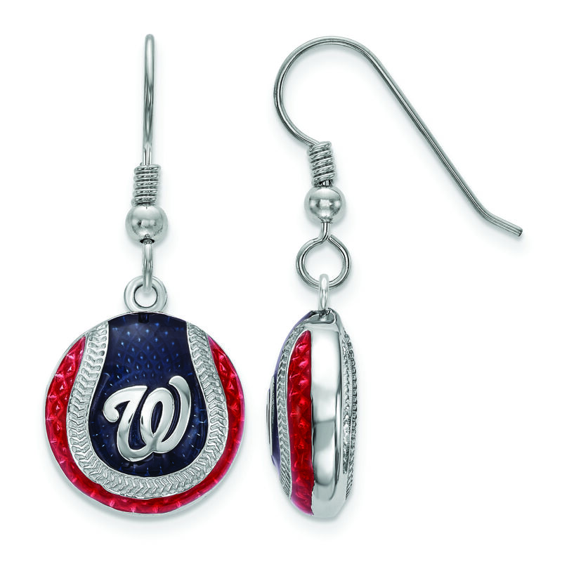 Washington Nationals Domed Enameled Dangle Baseball Earrings in Sterling Silver image number null
