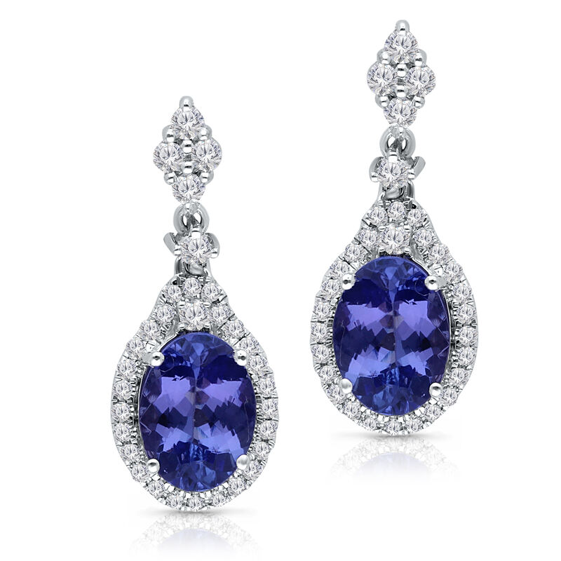 Oval-Cut Tanzanite & Diamond Drop Earrings in 14k White Gold image number null