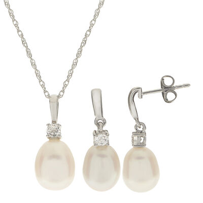 Freshwater Cultured Pearl & White Topaz Pendant & Drop Earring Set in Sterling Silver