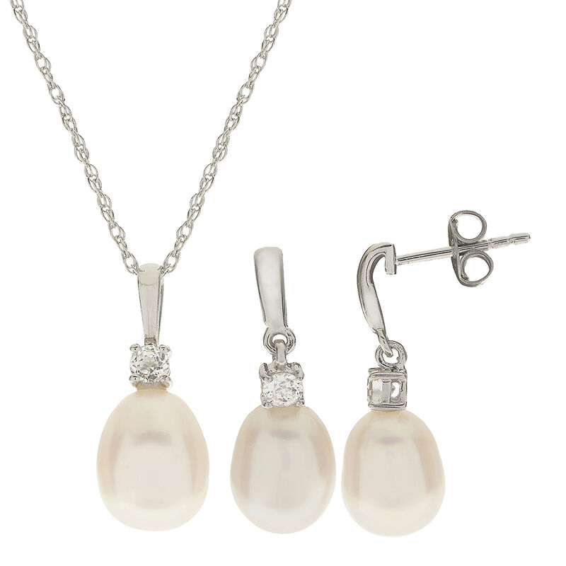 Imperial Pearl Freshwater Cultured Pearl & White Topaz Pendant & Drop Earring Set image number null