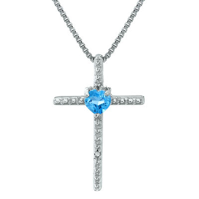 Blue Topaz Heart Cross Pendant in Sterling Silver