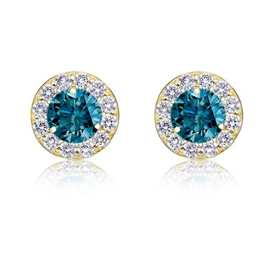 Blue & White Diamond 1 1/2ct. Halo Stud Earrings in 14k Yellow Gold