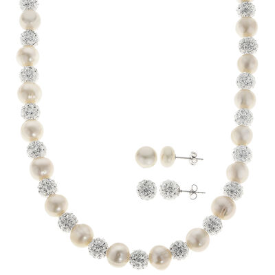 Imperial Pearl Freshwater Cultured Pearl & Crystal Necklace & Stud Earring Set