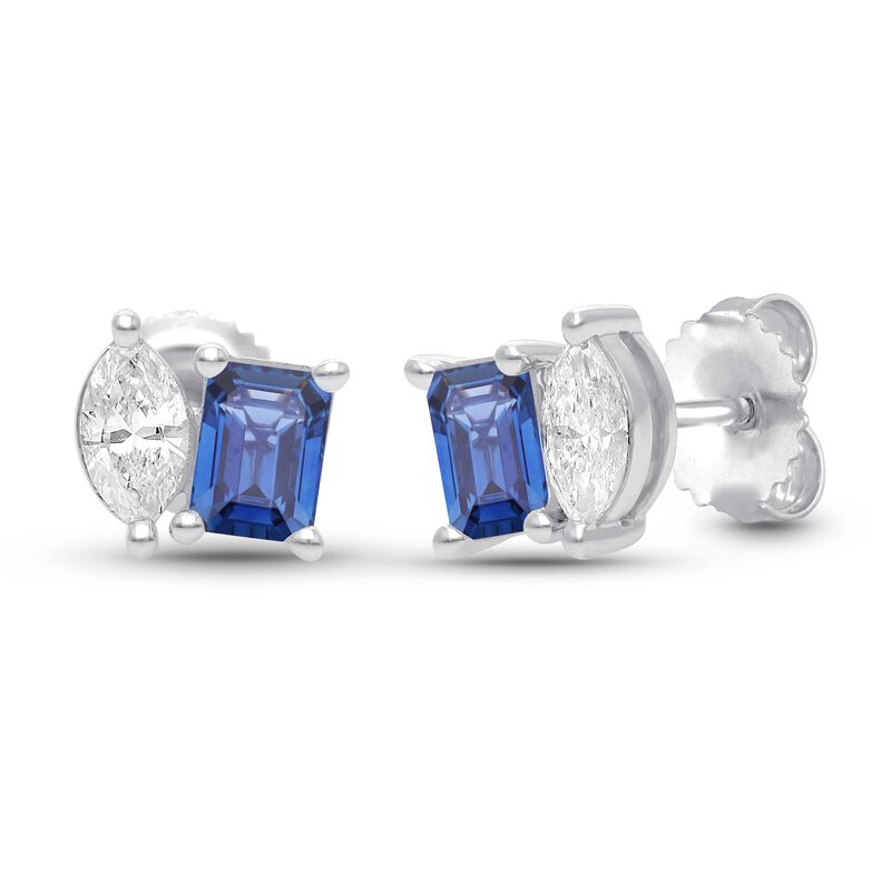 Emerald-Cut Created Sapphire Marquise-Cut Lab Grown Diamond Two-Stone Earrings in 10k Yellow Gold image number null
