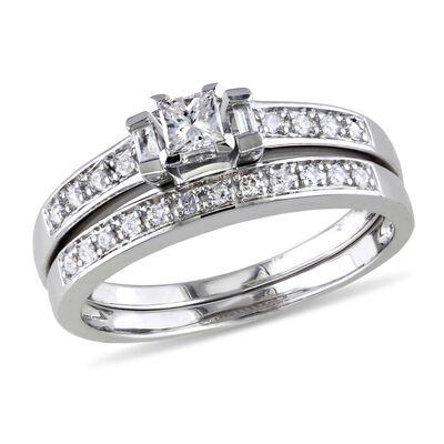 Princess, Baguette & Round Diamond 1/3ctw. Ring + Band 2 Piece Ring Set in Sterling Silver