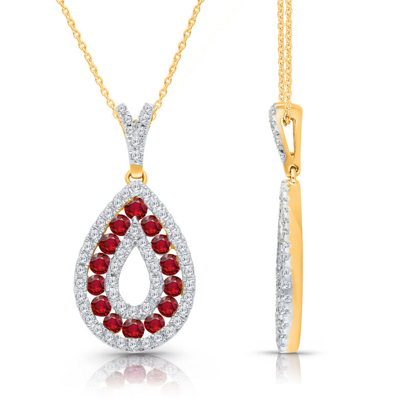 Brilliant-Cut Ruby & Diamond Pear-Shaped Style Pendant in 14k Yellow Gold image number null