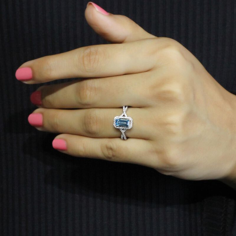 Emerald-Cut Elongated Blue Topaz & Diamond Ring in 10k White Gold image number null