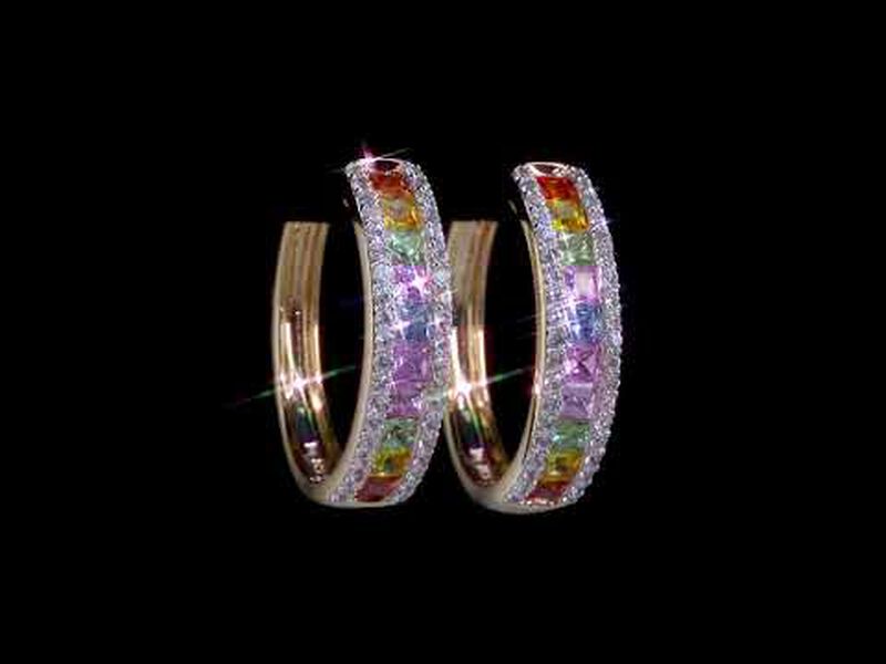 Rainbow Created Sapphire Hoop Earrings in 14k Yellow Gold image number null