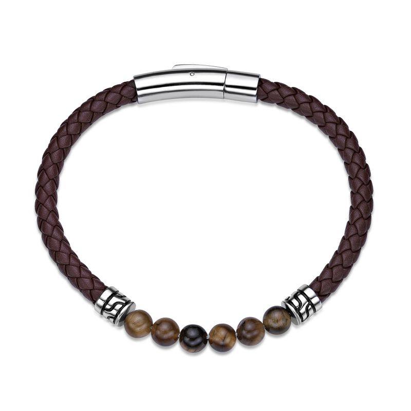 Tiger's Eye & Leather Bracelet in Stainless Steel image number null