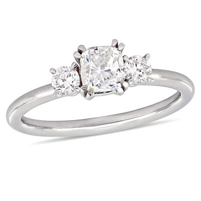 Three-Stone Cushion & Round 1ctw. Diamond Engagement Ring in 14k White Gold