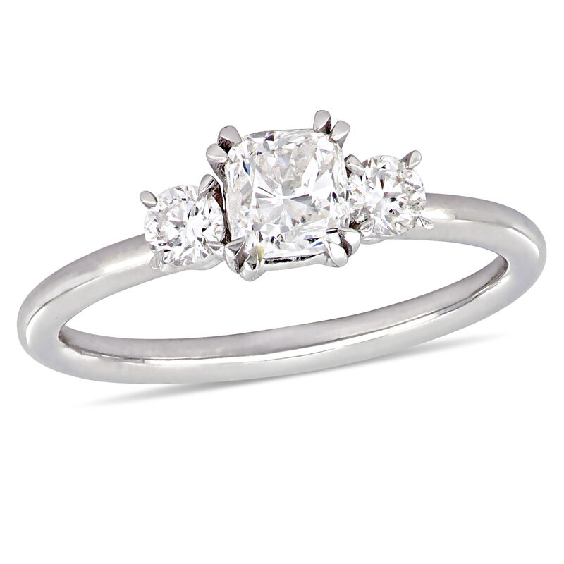 Three-Stone Cushion & Round 1ctw. Diamond Engagement Ring in 14k White Gold image number null