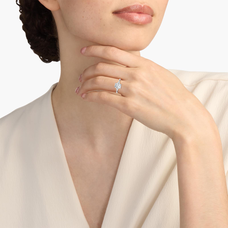 Radiant Lab Grown Diamond 2 1/2ctw. Three Stone Engagement Ring in 14k White Gold image number null