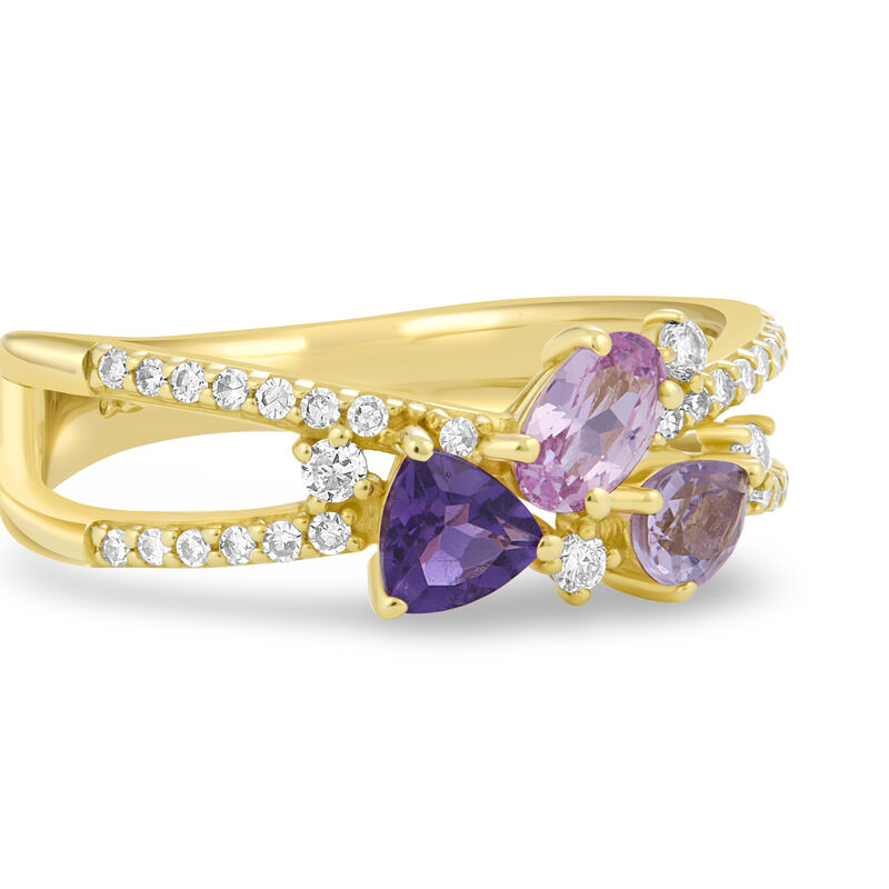 Oval Created Pink Sapphire, Amethyst & Lab Diamond Scatter Band Ring in 10k Yellow Gold image number null