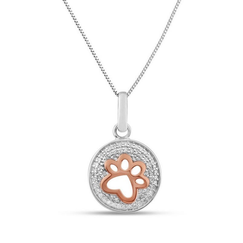 Diamond Paw Print Disc Charm Pendant in Sterling Silver & 10k Rose Gold image number null