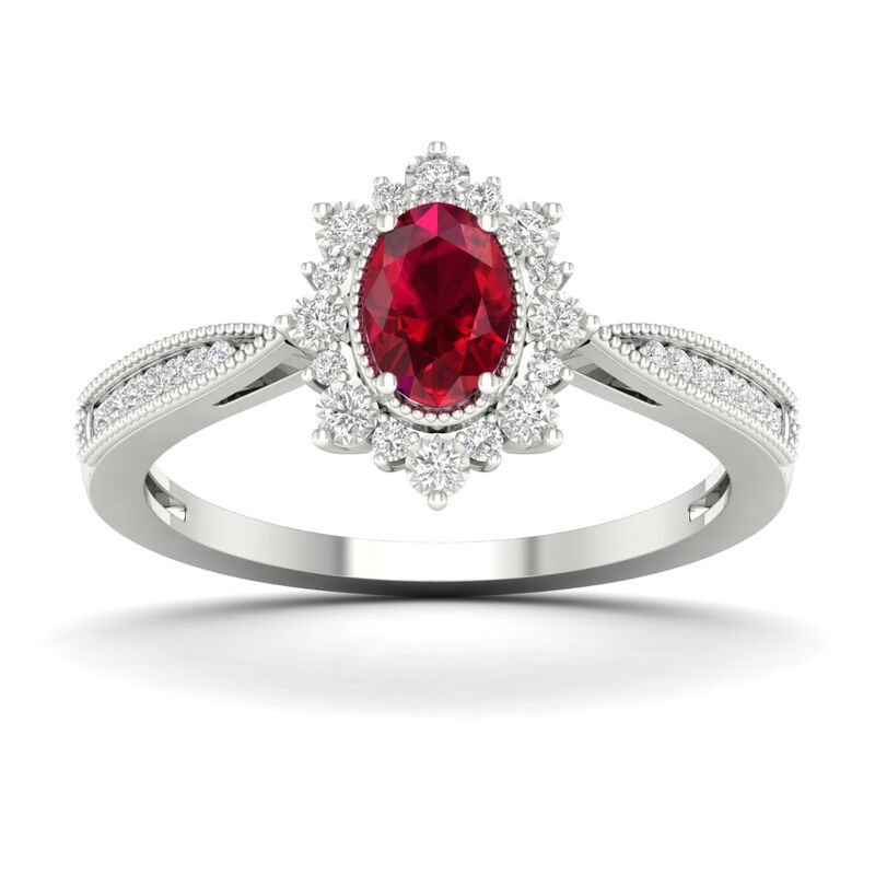 Oval Ruby Vintage Halo Ring in 10k White Gold image number null