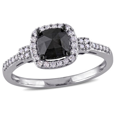 Cushion-Cut Black & White Diamond Halo 1ctw. Engagement Ring in 14k White Gold