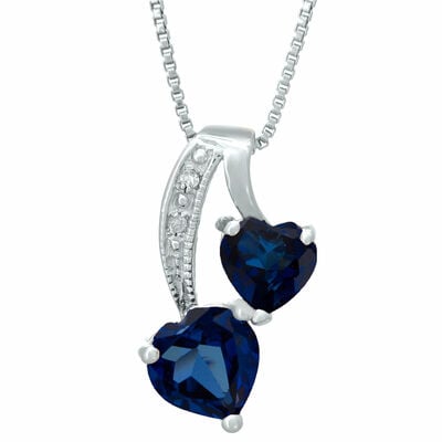 Heart Created Sapphire Diamond Sterling Silver Pendant 18"