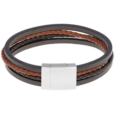 Men's Stainless Steel Multi-Layer Brown Leather Bracelet