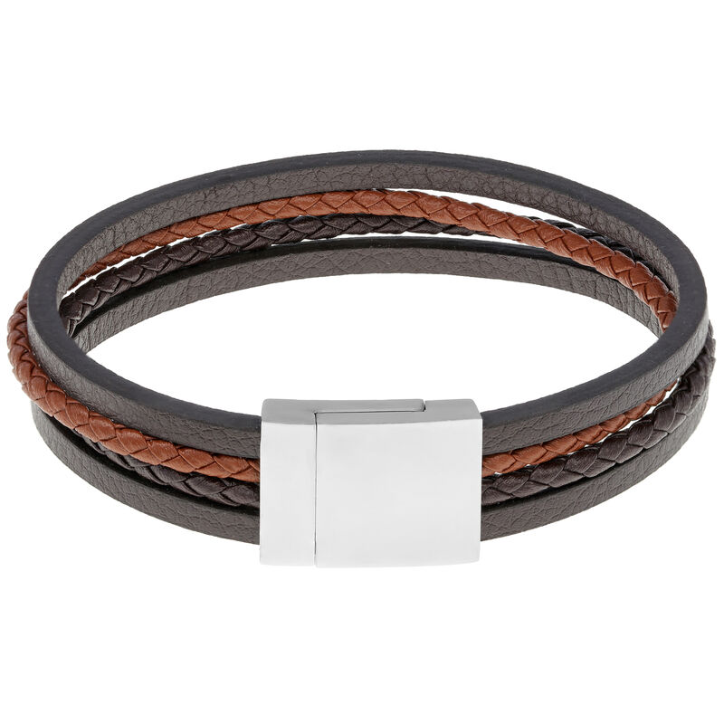 Men's Stainless Steel Multi-Layer Brown Leather Bracelet image number null