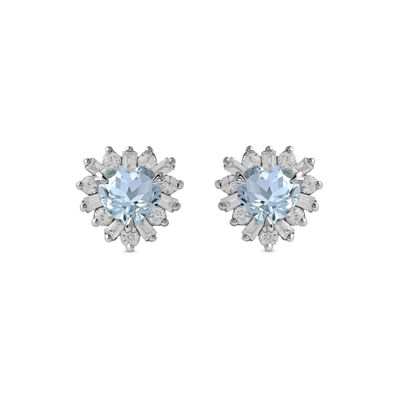 Aquamarine & Created White Sapphire Halo Heart Stud Earrings in Sterling Silver