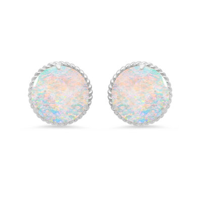 Created Round Opal Gemstone Roped Halo Stud Earrings in 14k White Gold