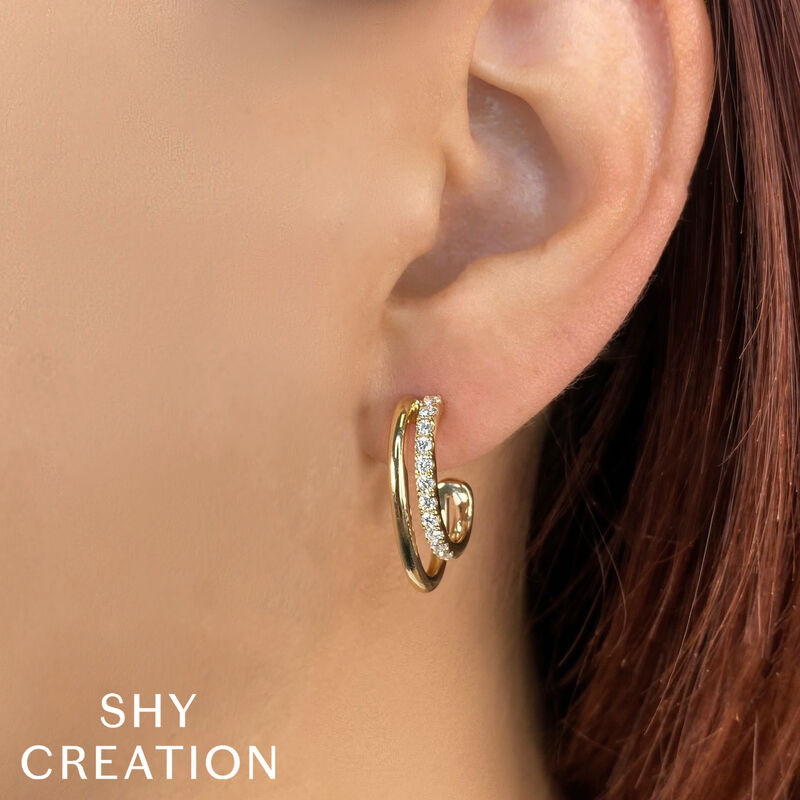 Shy Creation .58ctw. Diamond 2-Row Offset Hoop Stud Earrings in 14k Yellow Gold image number null