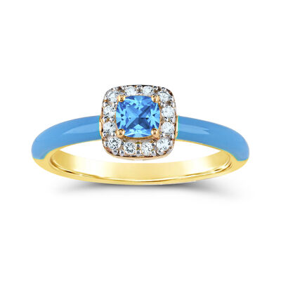 Cushion-Cut Swiss Blue Topaz Halo Enamel Ring in Yellow Gold Plated Sterling Silver