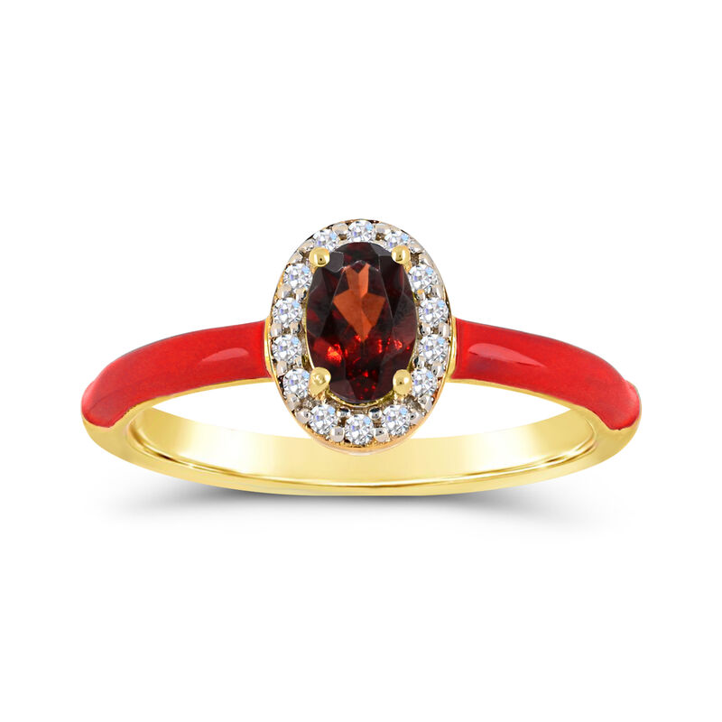 Oval-Cut Garnet Halo Enamel Ring in Yellow Gold Plated Sterling Silver image number null