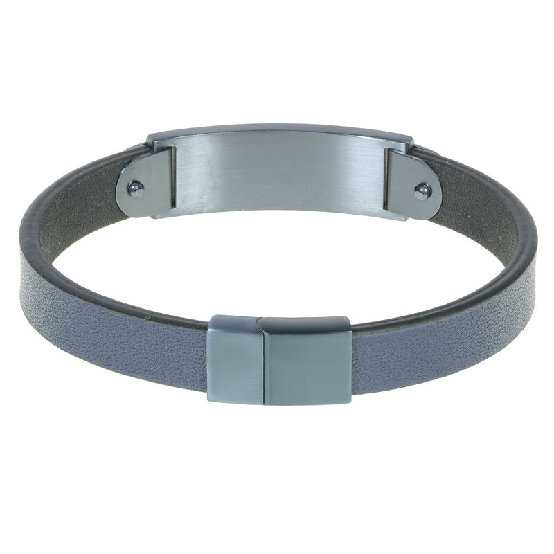 Men's 13mm Blue Leather Bracelet in Gray Plated Stainless Steel image number null