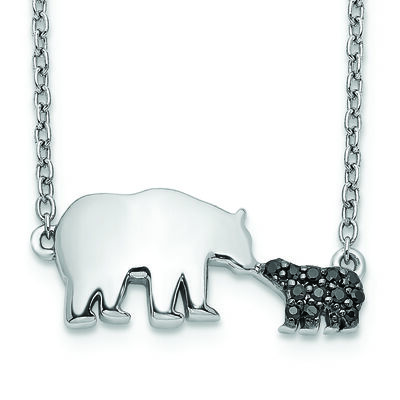 Mother & Baby Bear Black Diamond Necklace in 14k White Gold