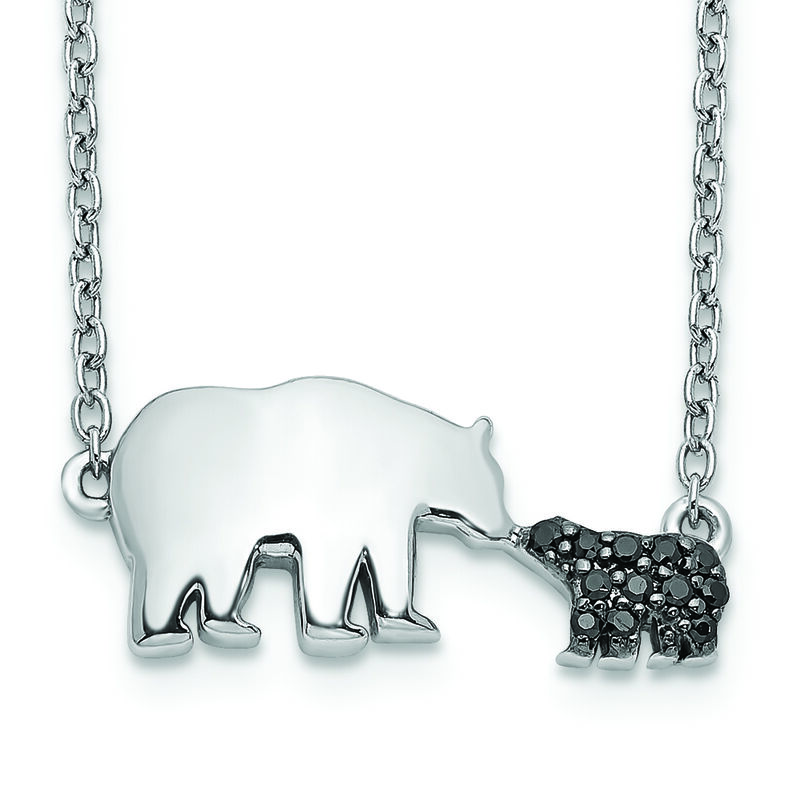 Mother & Baby Bear Black Diamond Necklace in 14k White Gold image number null