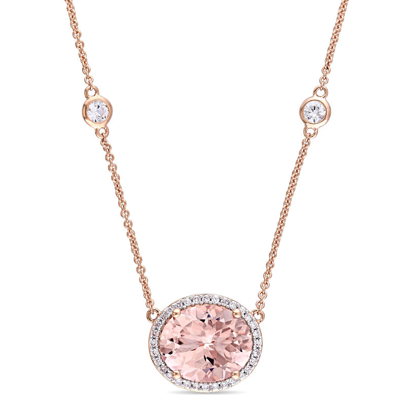 Morganite, Diamond & White Sapphire Halo Station Necklace in 14k Rose Gold image number null