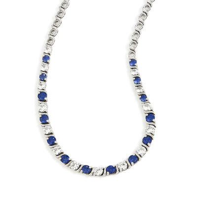 Created Blue & White Sapphire Gemstone Tennis Necklace in Sterling Silver
