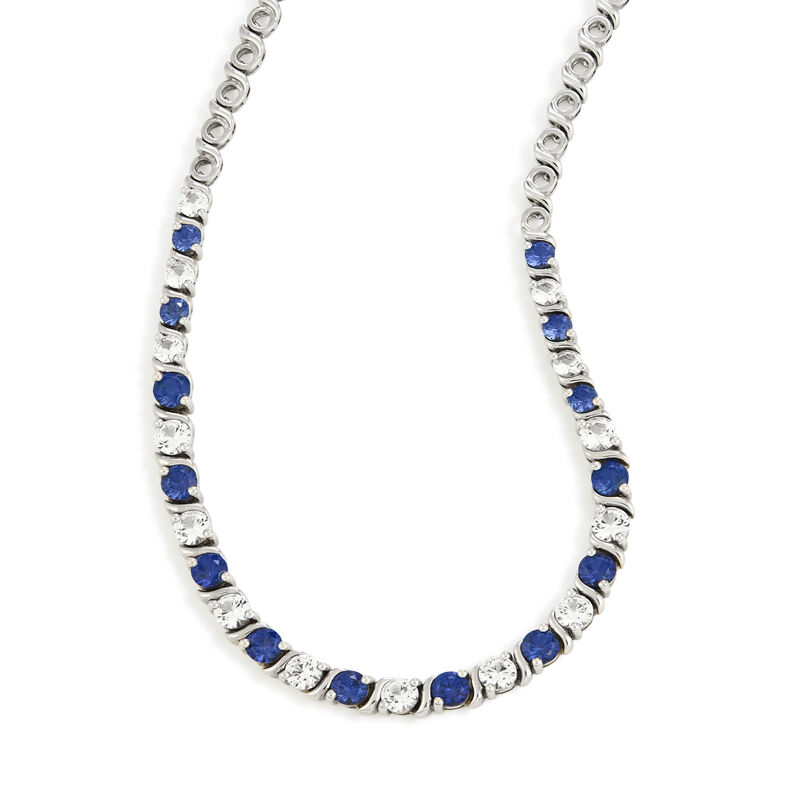 Created Blue & White Sapphire Gemstone Tennis Necklace in Sterling Silver image number null