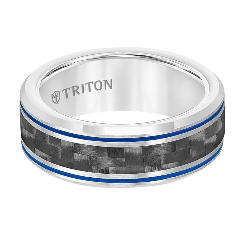 Triton Tungsten Carbide Wedding Band with Blue Stripes image number null