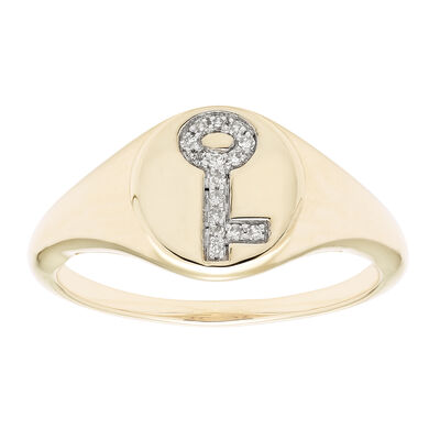Diamond Key Signet Ring  in 14k Yellow Gold