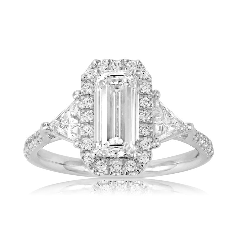 Elongated Emerald Lab Grown Diamond 2 2/5ctw. Halo Three Stone Plus Engagement Ring in 14k White Gold image number null