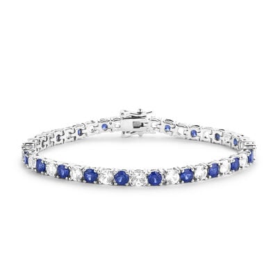 Created White & Blue Sapphire Gemstone Tennis Bracelet in Sterling Silver