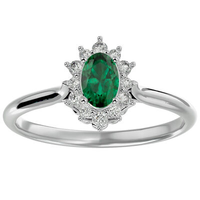 Oval-Cut Emerald & Diamond Halo Ring in Sterling Silver