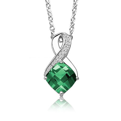 Created Emerald & Diamond Birthstone Pendant in Sterling Silver