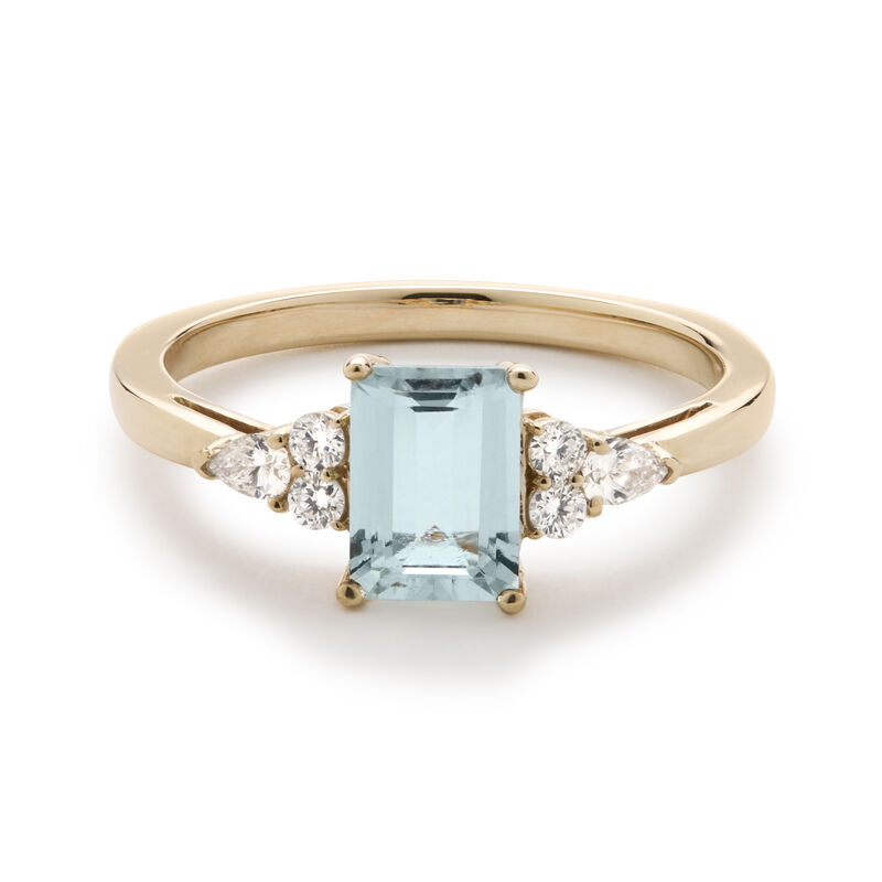 Emerald-Cut Aquamarine & Pear-Shaped Lab Grown Diamond Ring in 10k Yellow Gold image number null