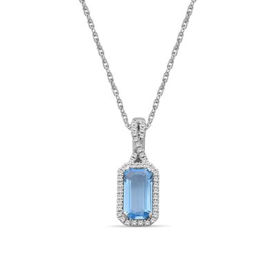 Emerald-Cut Elongated Blue Topaz & Diamond Pendant in 10k White Gold