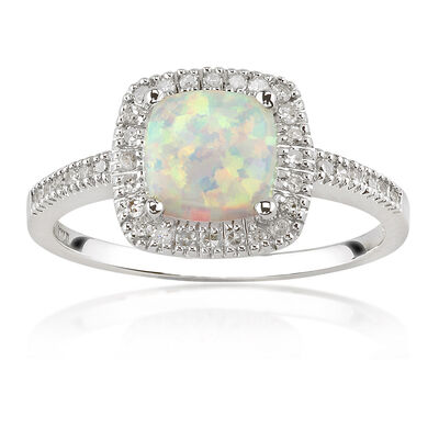 Created Opal & Diamond Halo Ring in 10k White Gold