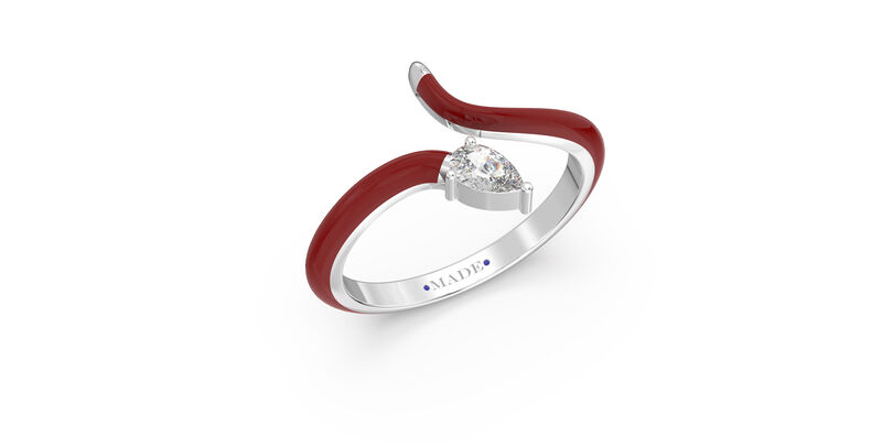Pear-Shaped Lab Grown Diamond Red Ceramic Open Style Ring in Sterling Silver image number null